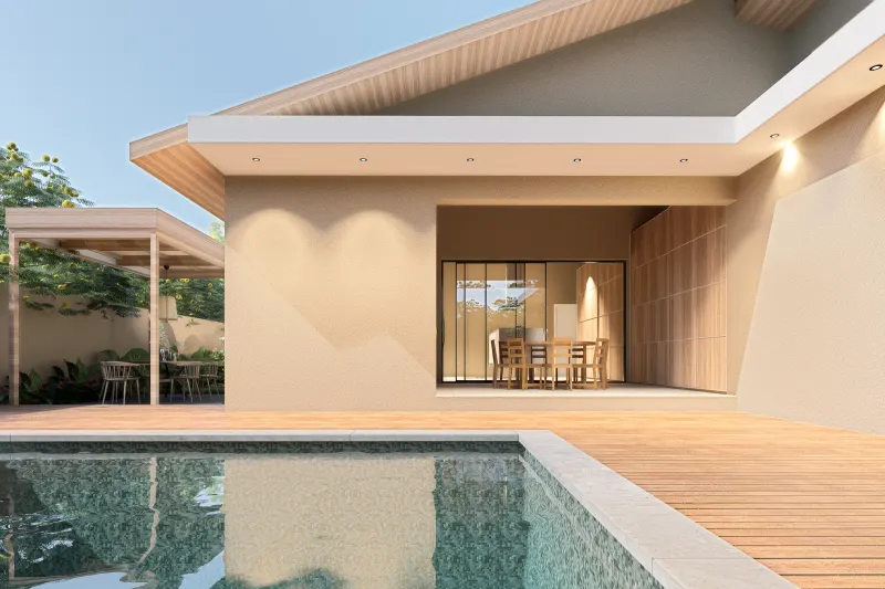 Deck com piscina e zona de refeições coberta aberta ao exterior