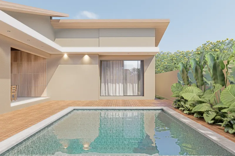 Fachada posterior com piscina, deck de madeira e grandes vãos envidraçados