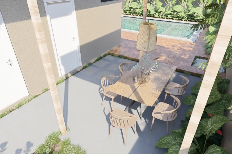 Zona de refeições exterior sob pérgola com mesa e cadeiras