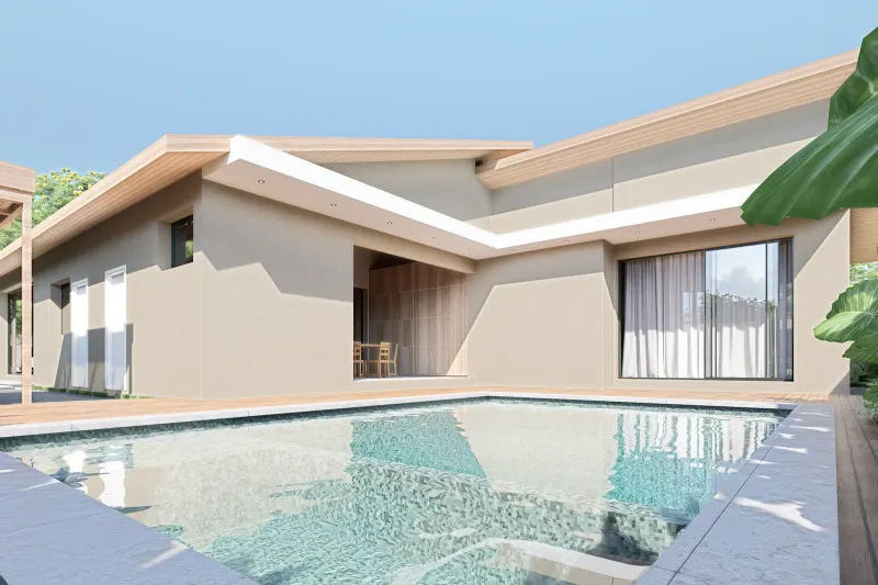 Piscina e deck de madeira junto à fachada de moradia térrea contemporânea