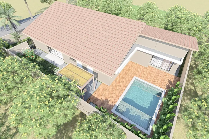 Vista aérea de moradia térrea com telhado cerâmico, piscina e deck de madeira