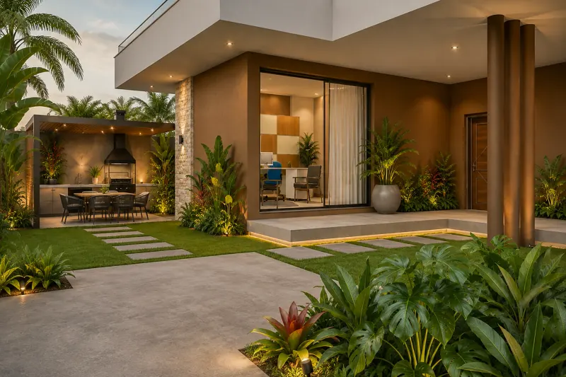 Área de lazer exterior com jardim tropical, churrasqueira e iluminação cénica ao entardecer