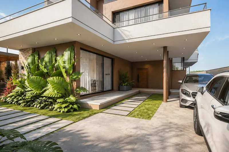 Pátio interior com estacionamento coberto, paisagismo tropical e acesso pavimentado em lajetas