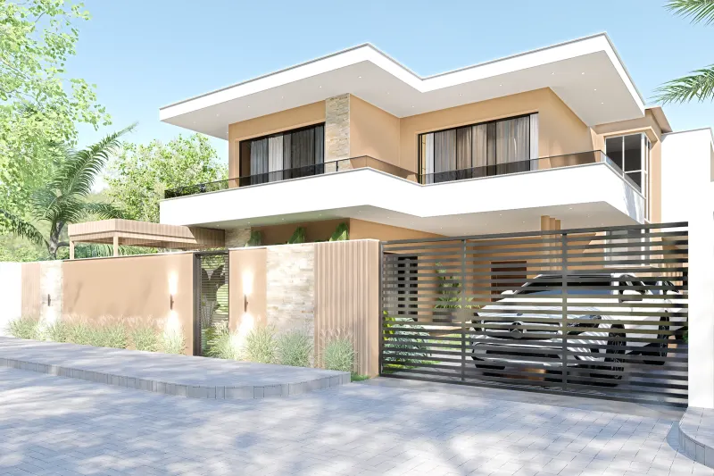 Fachada principal contemporânea de dois pisos com portão ripado em primeiro plano.