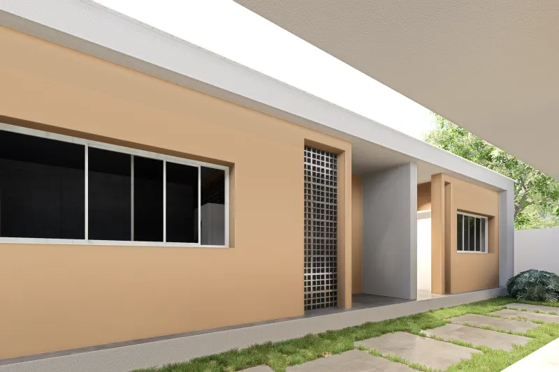 Fachada lateral exterior com janela de correr e elemento vazado em cobogó