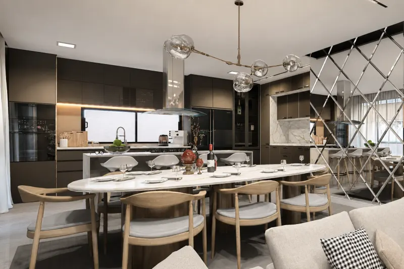 Sala de jantar integrada com mesa oval de mármore e lustre moderno