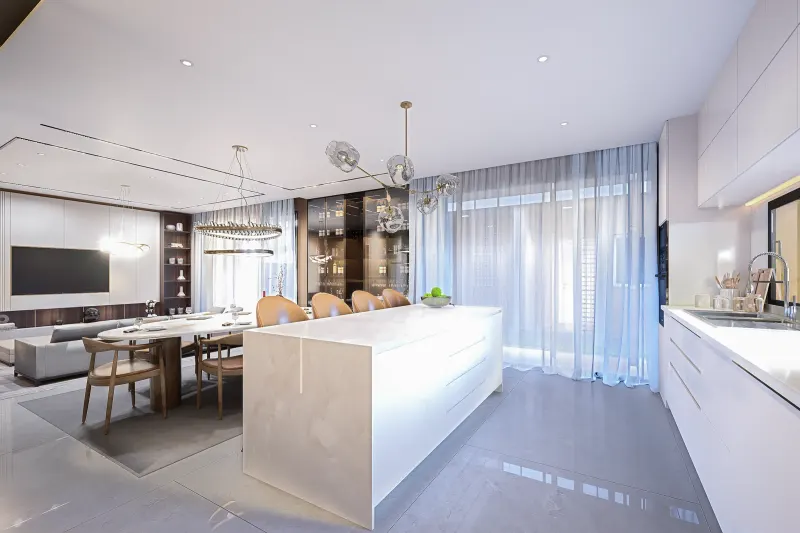 Espaço integrado com cozinha em ilha, sala de jantar e sala de estar