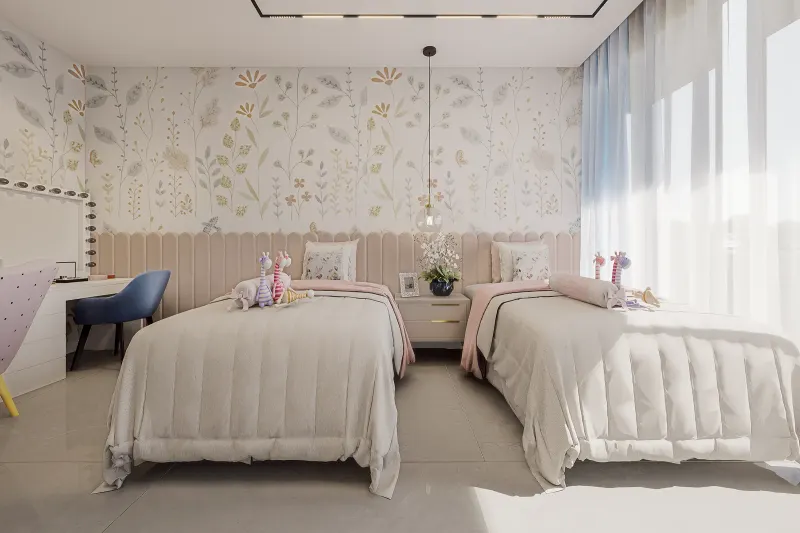 Quarto infantil com duas camas de solteiro, cabeceira estofada e papel de parede