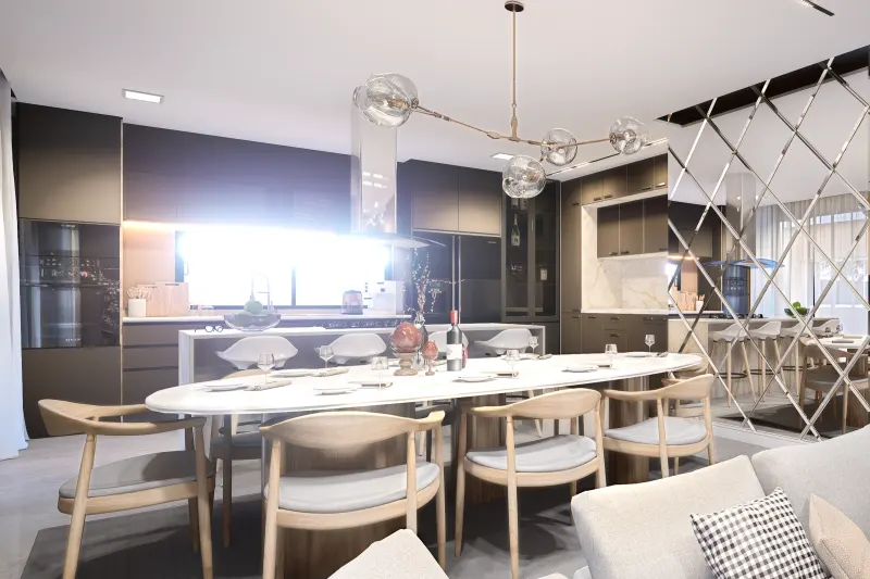 Sala de jantar integrada com mesa oval de mármore, lustre moderno e espelho