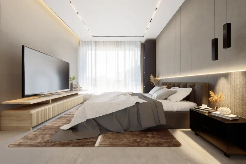 Quarto principal sofisticado com cama de casal, painel de TV e iluminação embutida