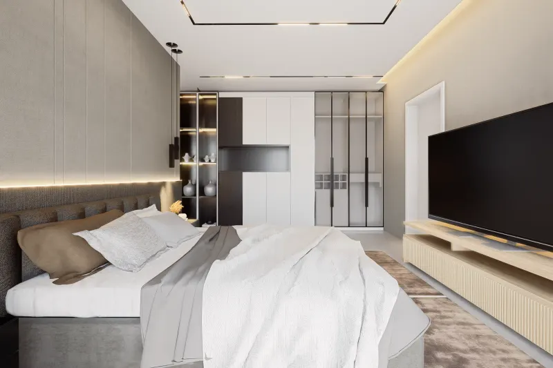Quarto de casal contemporâneo com iluminação embutida, cabeceira estofada e roupeiro de vidro