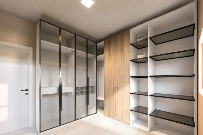 Closet moderno com portas em vidro escuro, madeira e estantes abertas
