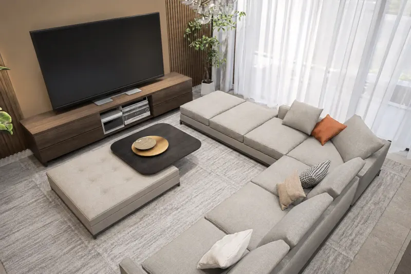 Sala de estar em vista superior com sofá modular e móvel de TV