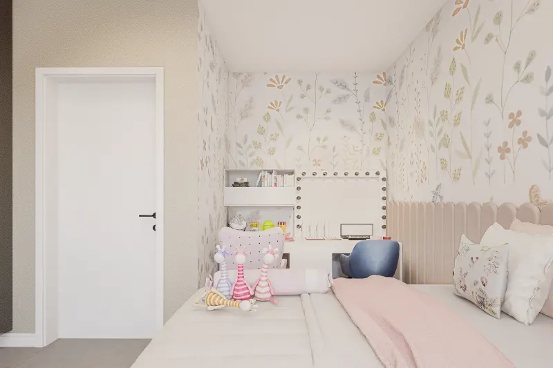Quarto infantil com toucador iluminado, papel de parede botânico e porta branca