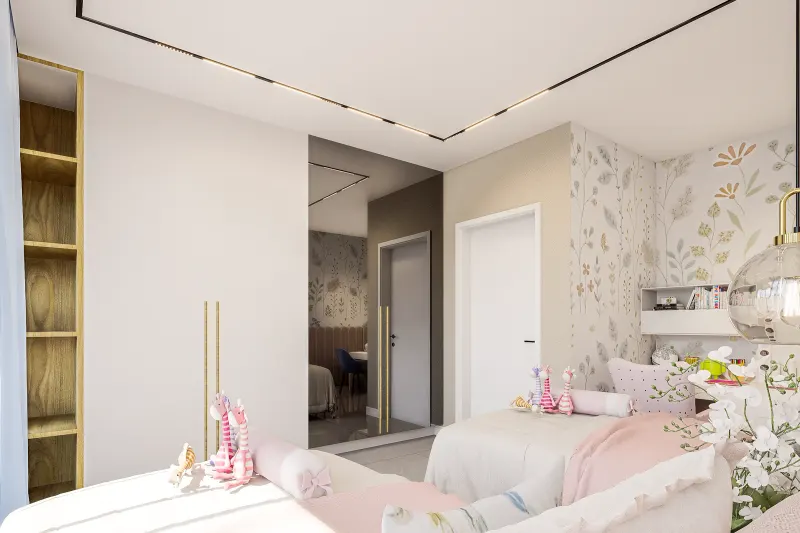 Quarto infantil com roupeiro espelhado, estante embutida e papel de parede delicado