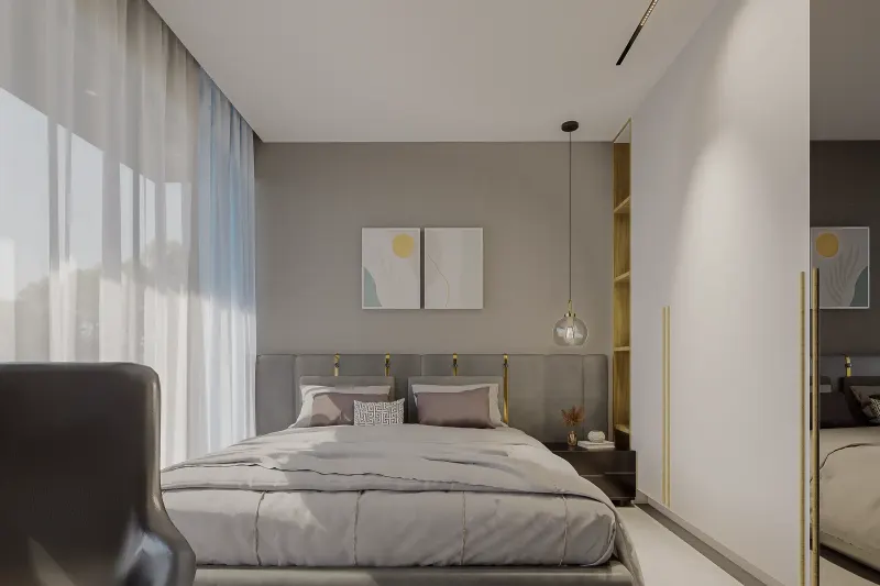 Quarto de casal contemporâneo com cama estofada, roupeiro planeado e quadros decorativos