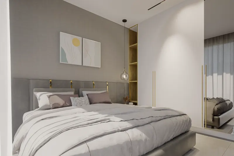 Quarto de casal elegante com cama king size, iluminação pendente e roupeiro espelhado