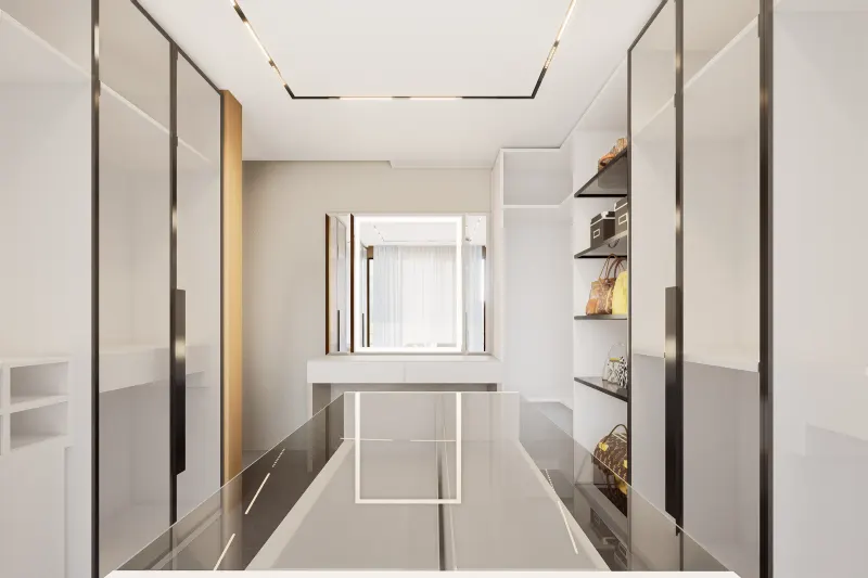 Closet sofisticado com toucador iluminado, espelho e prateleiras para acessórios