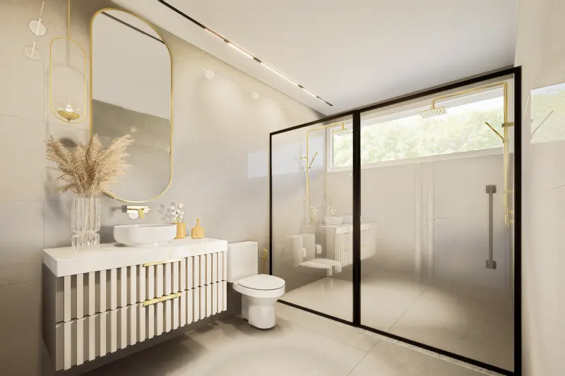 Perspetiva de casa de banho contemporânea com bancada suspensa e duche envidraçado