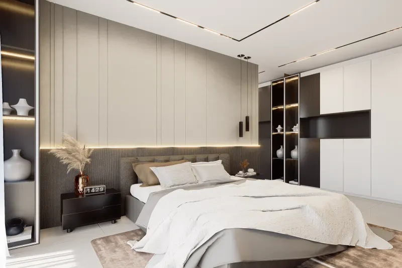 Quarto de casal com cabeceira ripada iluminada e armários com nichos embutidos