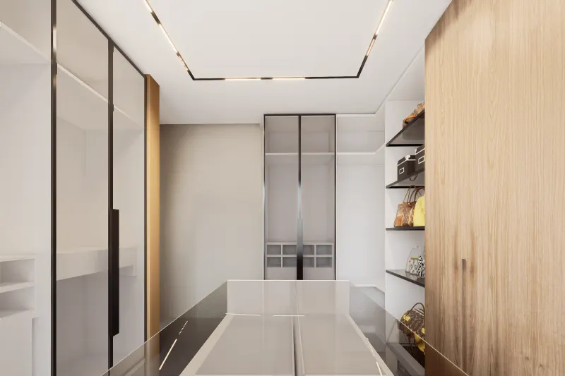 Closet contemporâneo com roupeiros de portas de vidro, prateleiras e ilha central
