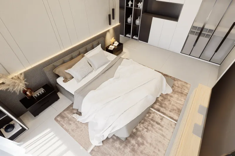 Vista superior do quarto com cama de casal, tapete e armários planejados modernos