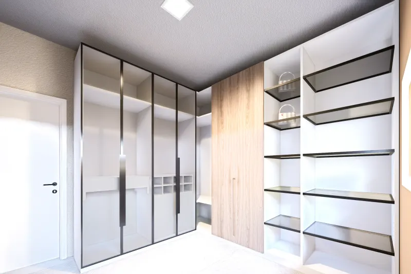 Closet moderno com armários de portas envidraçadas e módulos em madeira clara