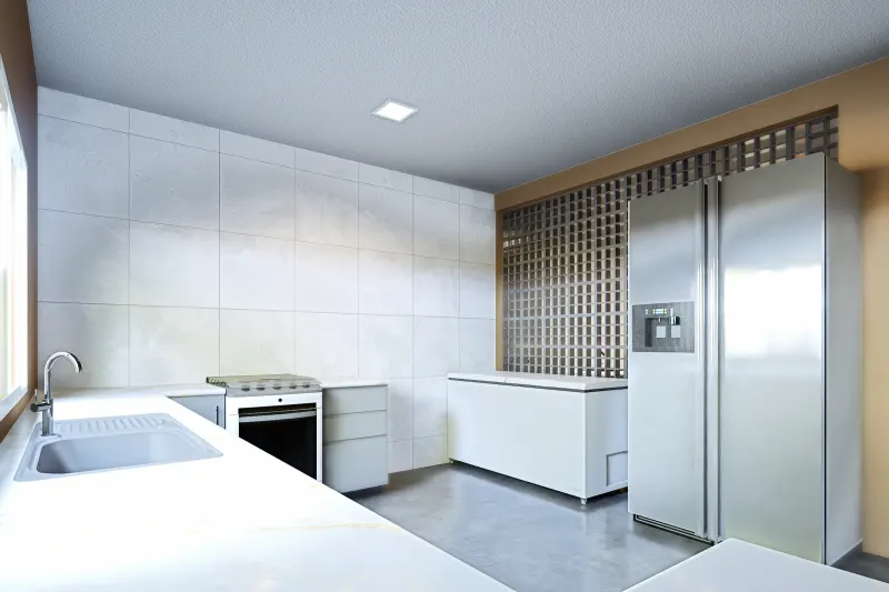 Cozinha contemporânea com bancada ampla, fogão, arca e parede divisória vazada