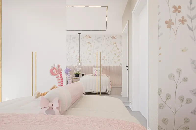 Vista parcial de quarto infantil com primeiro plano obstruído por cama e almofada