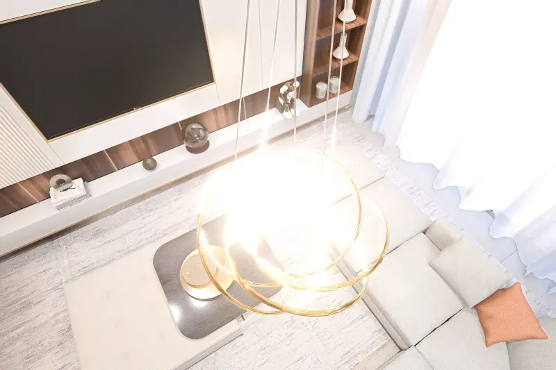 Vista zenital da sala de estar através de lustre circular com iluminação intensa