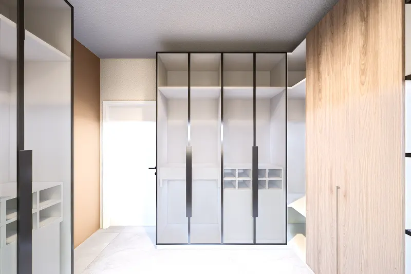 Armários de closet planeado com prateleiras abertas e portas de vidro fumado