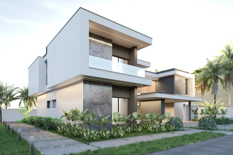 Perspetiva angular de moradia moderna de dois pisos com varanda e jardim