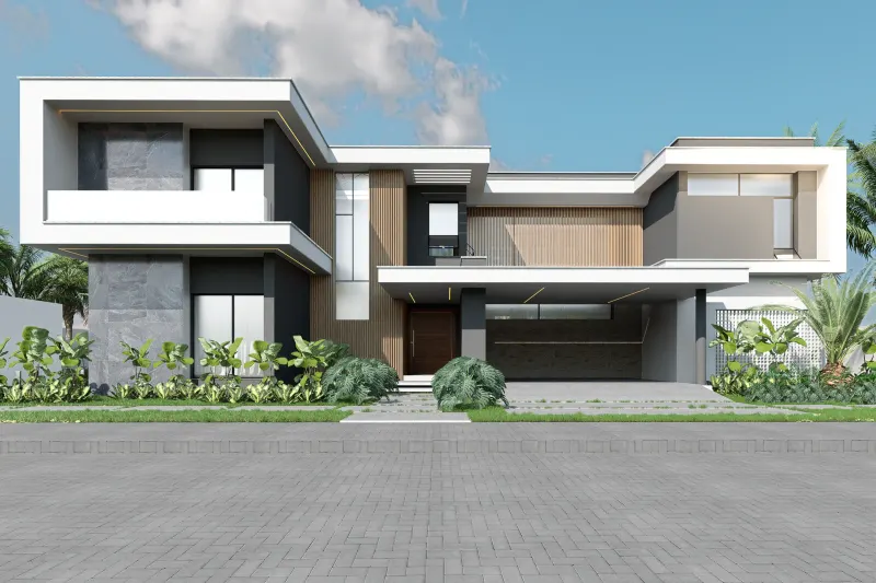 Fachada frontal completa de moradia contemporânea com céu azul e nuvens