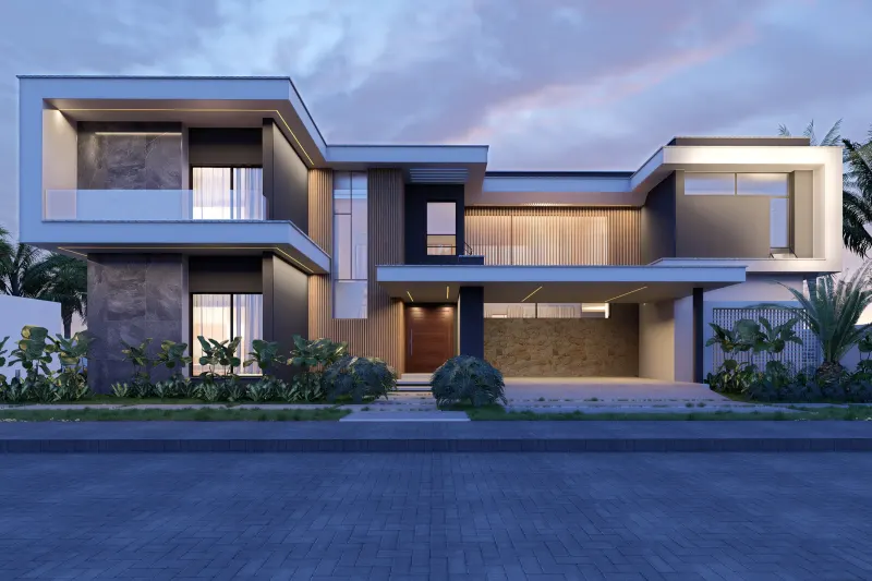 Fachada principal contemporânea iluminada ao entardecer com jardim frontal e garagem aberta.