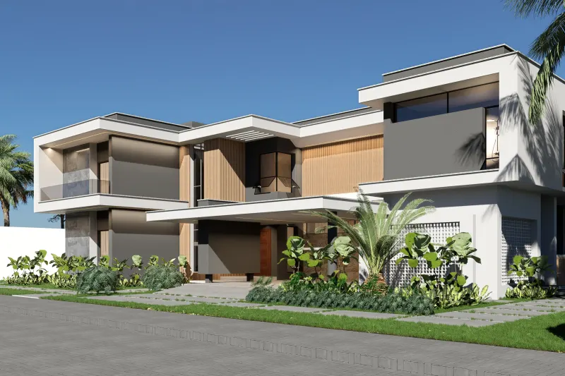 Fachada frontal moderna de moradia T4 sob luz natural diurna com jardim.