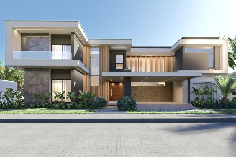 Fachada principal contemporânea de moradia de dois pisos com garagem e jardim