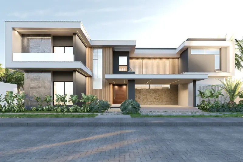 Vista frontal de moradia contemporânea com iluminação suave e céu claro