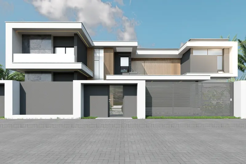 Fachada frontal de moradia T4 com muro cinzento e portão de entrada fechado.