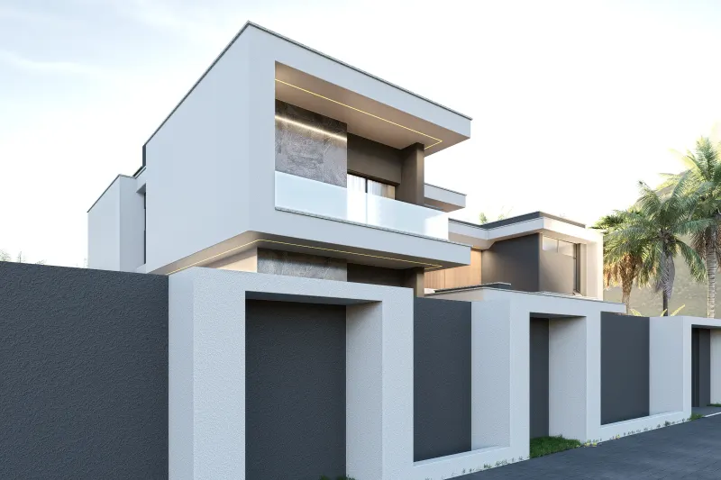Vista angular de moradia moderna com muro perimetral ocultando o térreo