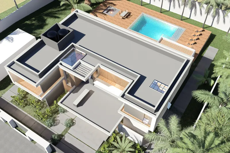 Vista aérea da cobertura e zona de lazer com piscina e pátios.