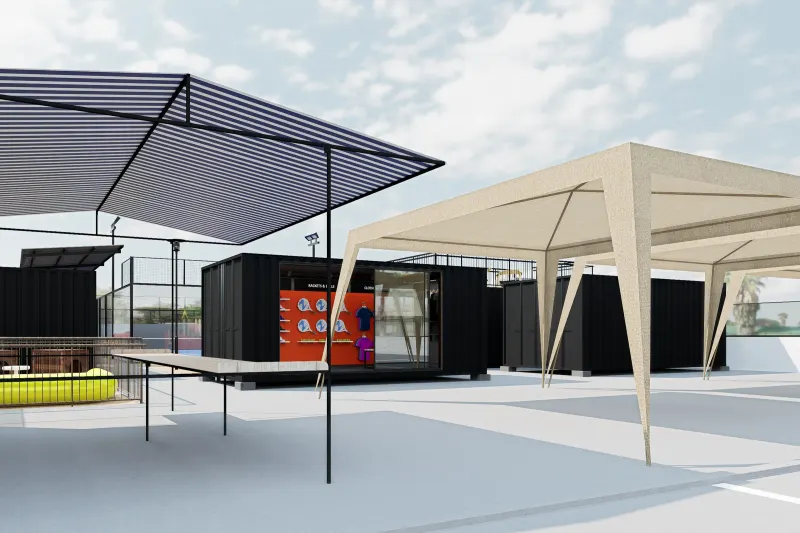 Área comercial com contentores convertidos e estruturas de sombreamento no resort de padel.