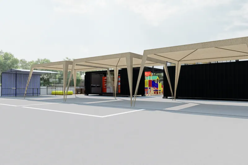 Estruturas de sombreamento e contentores modulares junto ao parque infantil exterior.