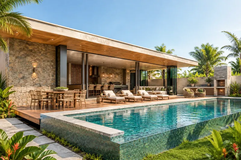 Terraço gourmet coberto com mesa de refeições, cozinha exterior e piscina integrada