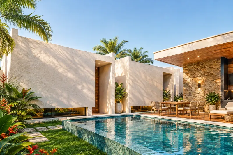 Fachada lateral dos bangalôs e deck com piscina em jardim tropical