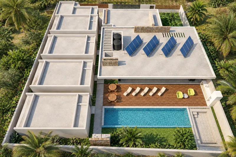 Vista aérea da implantação geral dos bungalows com piscina e painéis solares.