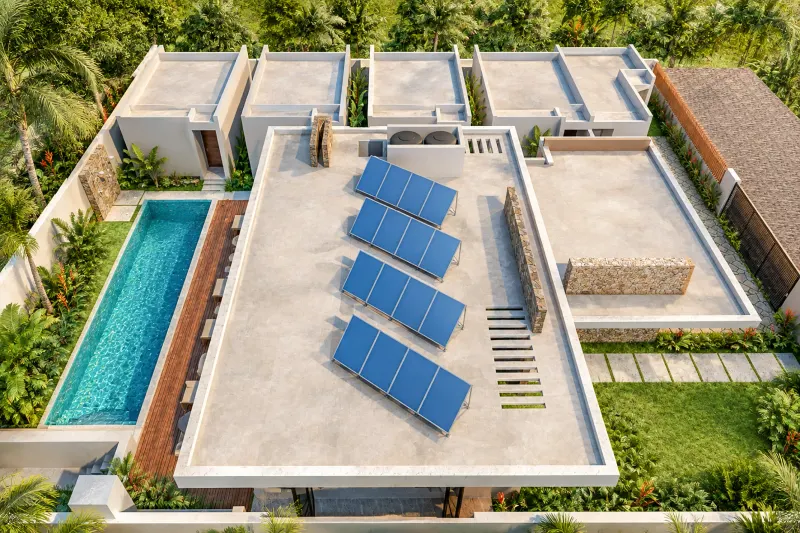 Vista aérea do complexo com painéis solares na cobertura, piscina e bangalôs