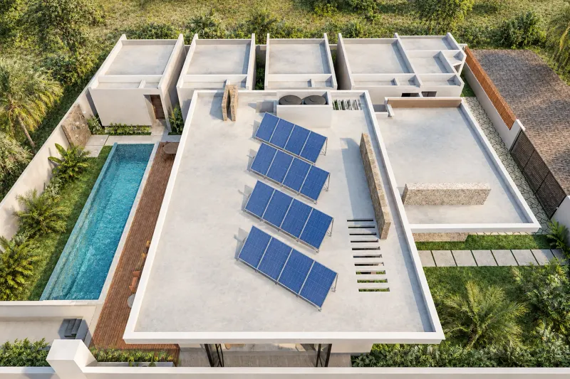 Vista aérea do conjunto com cobertura técnica, piscina e envolvente ajardinada